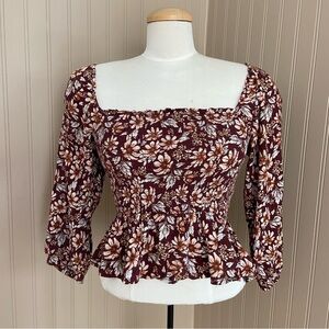 American Eagle Floral Print Smocked Babydoll Crop Blouse Women’s Small